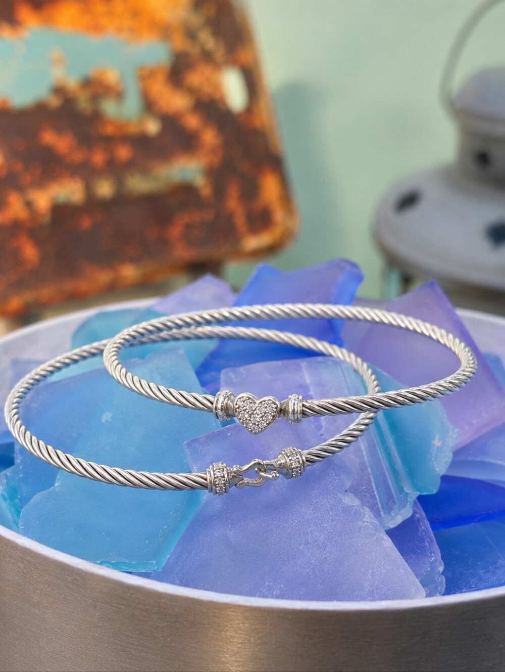 4 PIECE DAVID YURMAN Pave/Silver ONE Heart & ONE Buckle Bracelet + 2 SILK CORDS